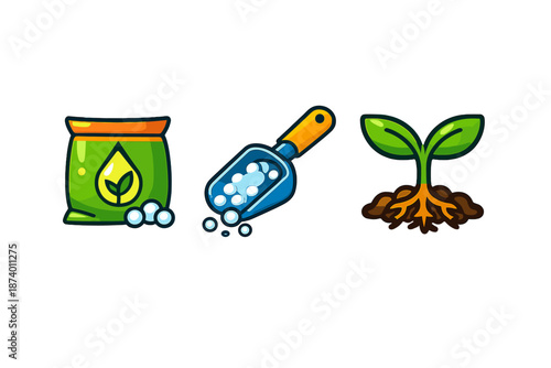Fertilizer bag, scoop, and growing plant icons