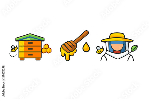 Beehive, Honey Dipper, and Beekeeper Icons