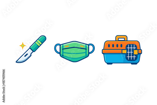 Veterinary icons: Scalpel, mask, and pet carrier