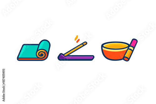 Yoga Mat, Incense Stick and Singing Bowl Icons