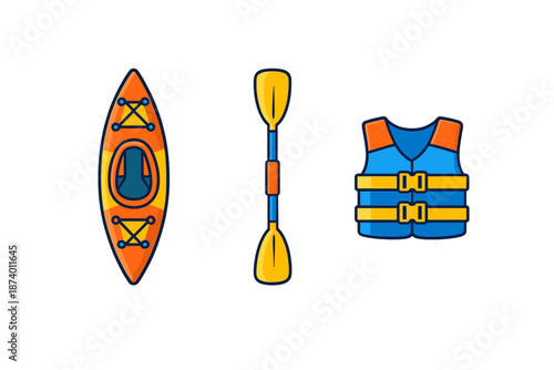 Kayak, Paddle, and Life Vest Icons on Dark Background
