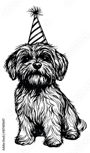Hand drawn line art illustration of a fluffy dog depicting wearing a party hat for a birthday celebration