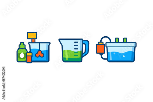 Chemical experiment icons with beakers and flasks