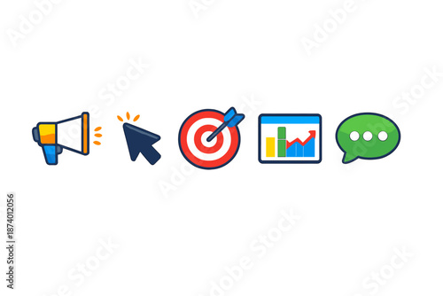 Set of marketing icons on a blurred background