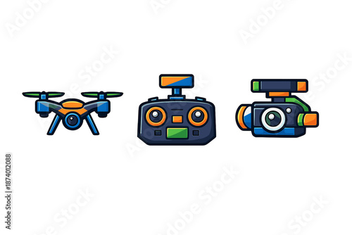 Drone, remote control, and camera icons