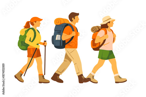Three hikers with backpacks walking together