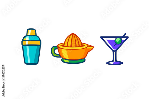 Cocktail making tools and drink icons with glowing effect