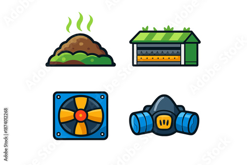 Set of four cartoon icons including compost, greenhouse, fan, and mask