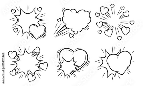 Set of Valentine speech bubbles. Romantic clouds and backgrounds in comic style. Love greeting cards.