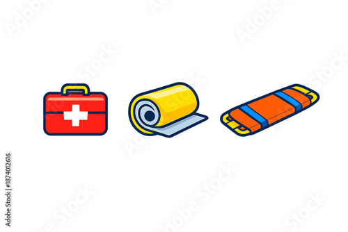 Emergency medical kit, sleeping roll, and stretcher icons