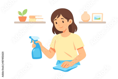 Woman spraying cleaner on a cloth to clean a surface
