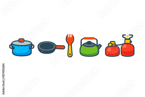 Collection of cartoon kitchenware and camping stove.