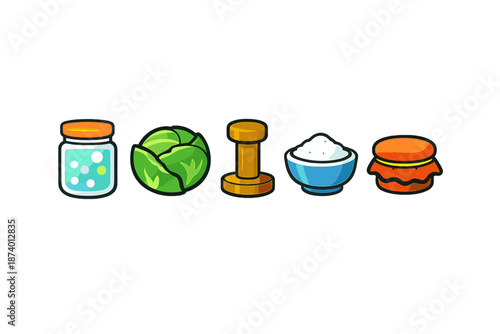 Set of five colorful cartoon icons on a gradient background