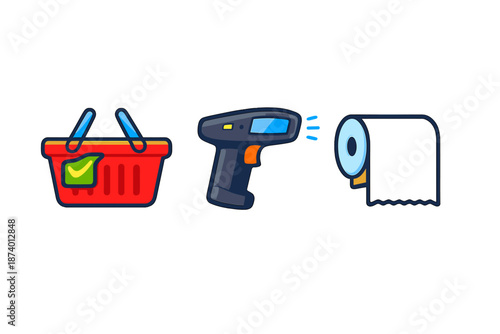 Shopping basket, barcode scanner, and toilet paper roll icons