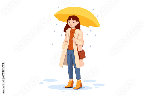 Young woman with yellow umbrella in the rain