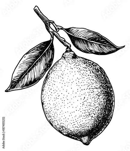 Hand drawn line art illustration of a lemon with leaves depicting fresh citrus fruit for food and beverage design