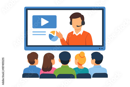 Online meeting with remote participants watching a presentation on screen