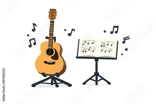 Acoustic guitar and sheet music stand illuminated