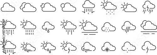 Weather Icon Set, Forecast UI Symbols for App, Web and Signage. Weather and meteorology editable stroke outline icons set isolated on white background flat vector illustration.