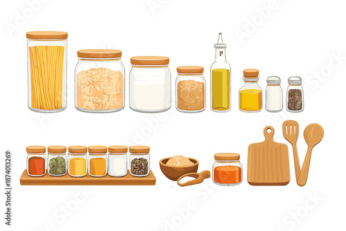 Kitchen pantry with various ingredients and utensils