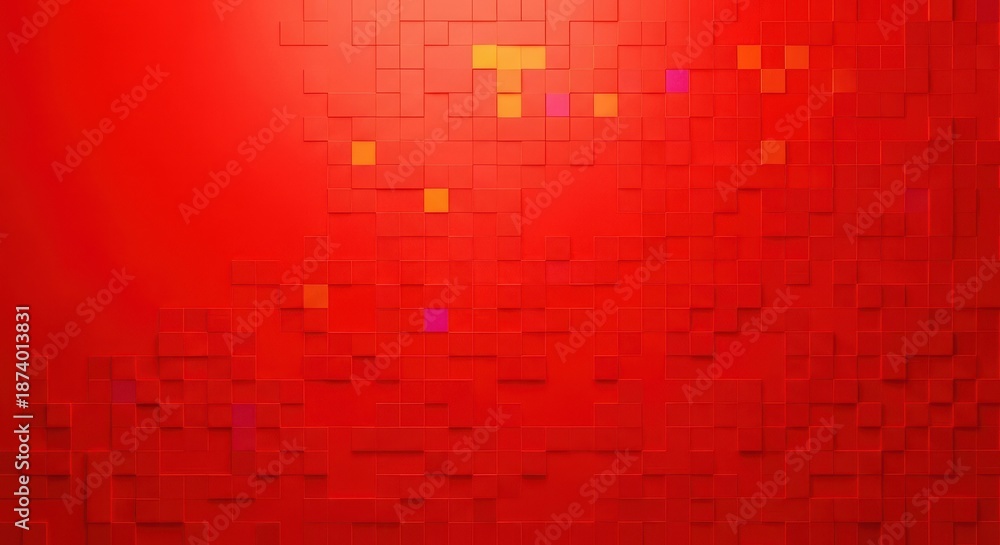 Fototapeta premium A vibrant red abstract background featuring small square tiles arranged in a complex mosaic pattern, perfect for decorative concepts, digital, wallpaper, tessellation