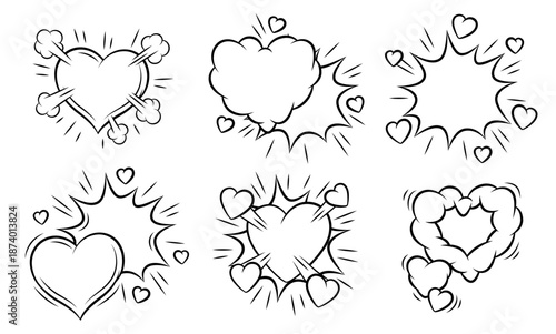 Set of Valentine speech bubbles. Romantic clouds and backgrounds in comic style. Love greeting cards.