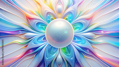 Pearl sphere radial abstract background with glossy multicolor acrylic-like flows forming a bright decorative pattern. Great for posters, branding, packaging, and digital graphics.