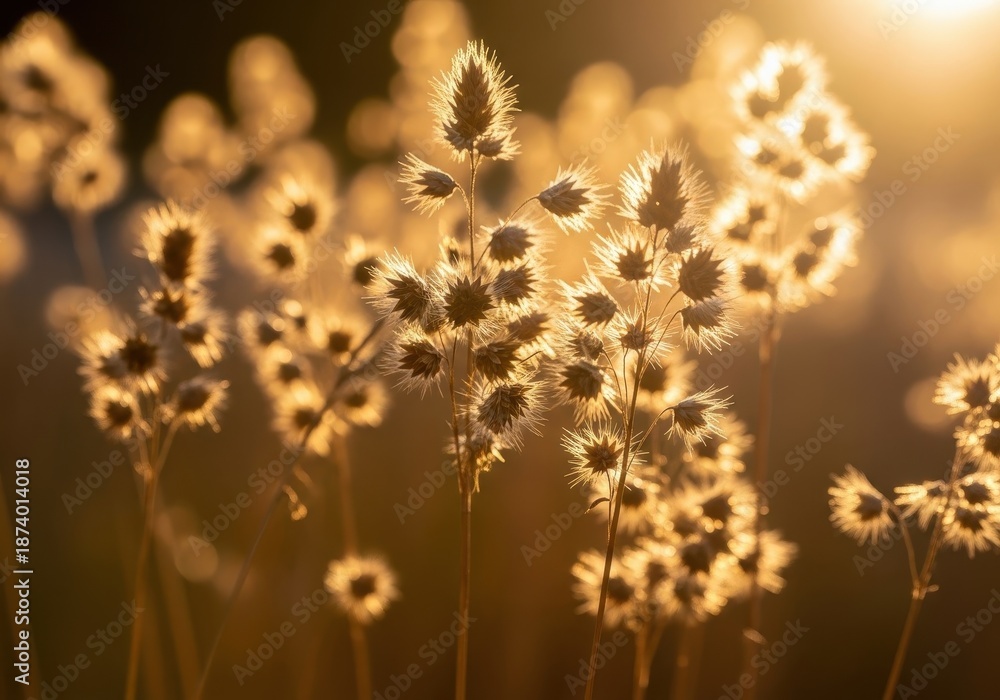 Obraz premium Abundant seed heads and dried ornamental grasses catching the low golden sunlight during the early autumn transition, crisp, wispy, autumn