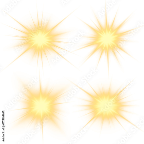 Png star light in yellow formed by sun, intense golden sunlight rays. Sparkle, gold sparks and glare accents enhance starburst depth. Powerful glowing light dominates background. Vector illustration.