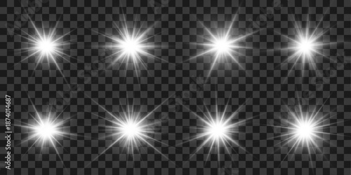Png white star light inspired by sun and smooth sunlight rays. Soft sparkle and sparks generate starburst with light leaks. Artistic glow effect enhances the scene. Vector illustration.