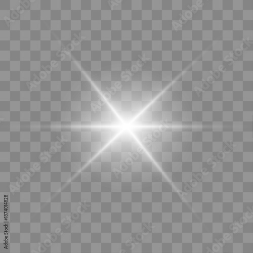 Png star light in white driven by sun and sharp sunlight rays. Sparkle, sparks and flash highlights strengthen the starburst glow. Strong radiant light fills the scene. Vector illustration.