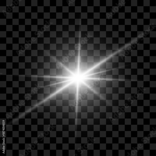 Png white star light energized by sun and intense sunlight rays. Strong sparkle and sparks build starburst with radiant flash effect. High contrast glow dominates background. Vector illustration.