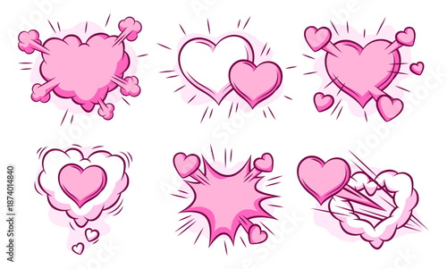 Set of Valentine speech bubbles. Romantic clouds and backgrounds in comic style. Love greeting cards.