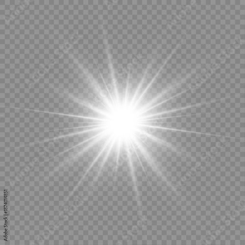 Png white star light with sun and wide sunlight rays. Sparkle and sparks combine with glowing halo and soft flare in starburst. Smooth luminous light covers the background. Vector illustration.
