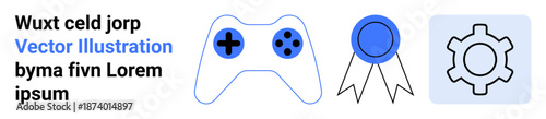 Game controller, award ribbon, and gear icon symbolizing gaming, achievements, and settings. Ideal for gaming interfaces, user experience, education, technology achievements app design simple