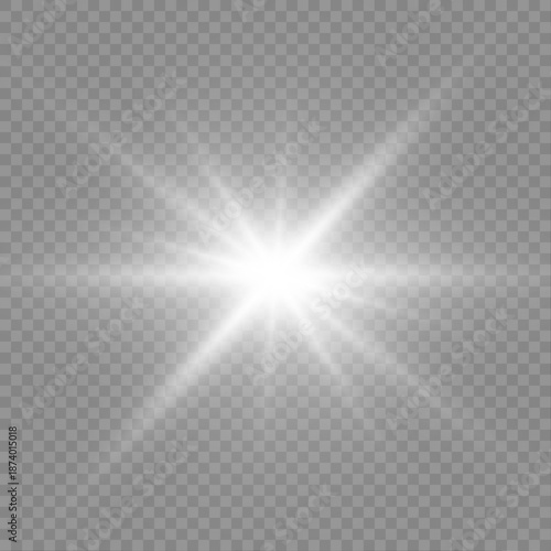 Png white star light powered by sun and directional sunlight rays. Sparkle, sparks, and subtle glare form a luminous starburst. Glowing rays highlight the background. Vector illustration.
