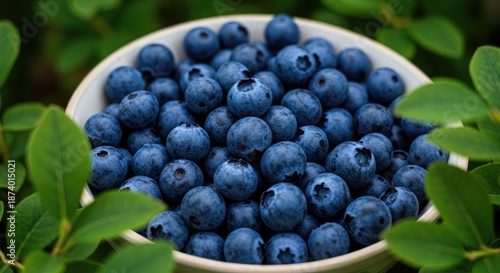 Wallpaper Mural Fresh blueberries in a white bowl surrounded by green leaves on natural background, healthy eating and food concept with vibrant colors Torontodigital.ca