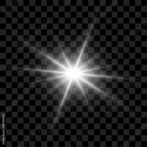 Png white star light powered by sun and directional sunlight rays. Sparkle, sparks, and subtle glare form a luminous starburst. Glowing rays highlight the background. Vector illustration.