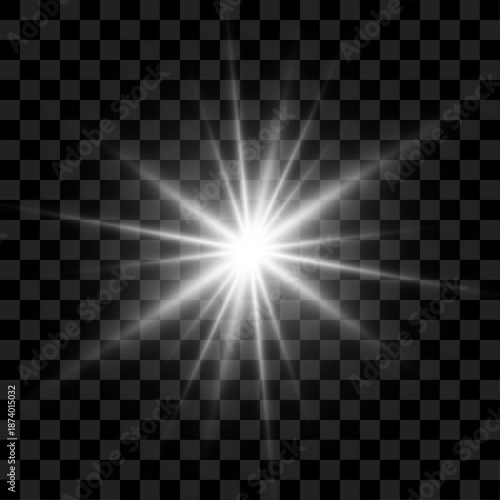 Png white star light created by sun and expanding sunlight rays. Smooth sparkle and sparks shape starburst with cosmic dust effect. Deep spatial glow fills background. Vector illustration.