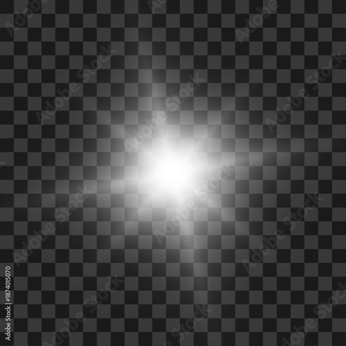 Png white star light combined with sun and radiant sunlight rays. Sharp sparkle and sparks build starburst with optical glare. High energy shine dominates the background. Vector illustration.