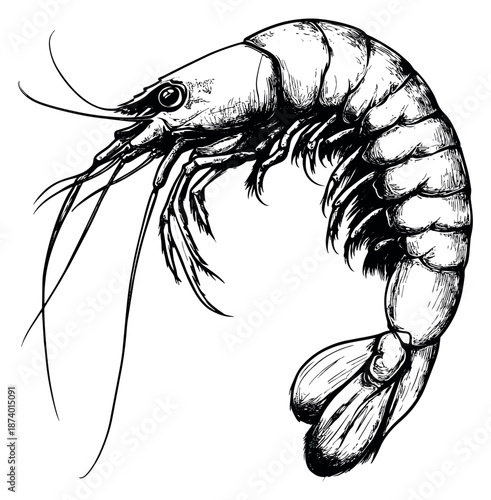 Hand drawn line art illustration of a shrimp depicting a detailed marine creature for seafood branding