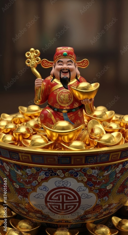 Fototapeta premium Jolly Caishen God of Wealth Figurine Emerging from Monumental Ceramic Bowl Full of Shiny Gold Sycees 3D Art