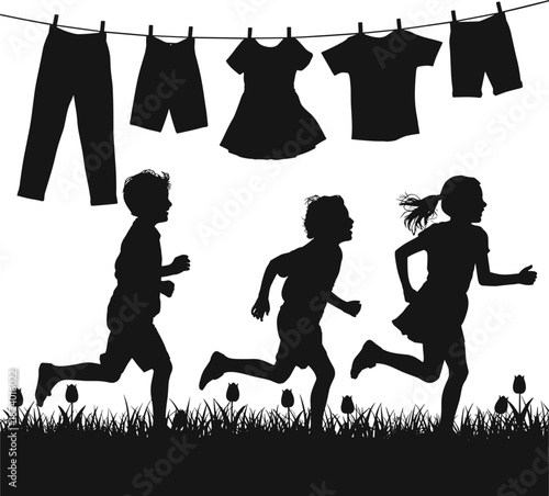 3 Kids running Playful scene Childhood silhouette cut file, family, outdoor play