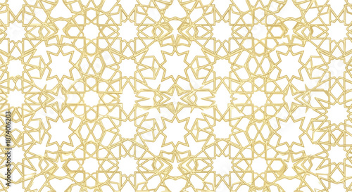 Arabic geometric texture pattern with intricate golden designs on a white background, showcasing a traditional ornamental motif.