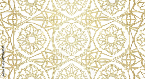 Arabic geometric texture pattern with intricate golden designs on a white background, showcasing traditional Islamic art motifs in a repeating layout.