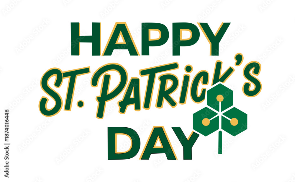 Naklejka premium Happy St. Patrick Day lettering poster with green shamrock and orange stars.