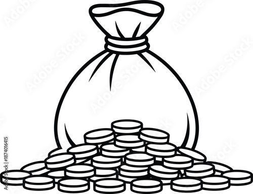 Bag of money with coins illustration, Hand draw dollar money bag vector