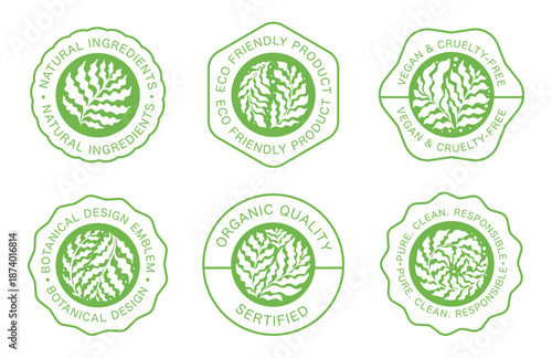 Set of eco botanical badge and stamp elements with ferns, abstract leaves in circular frames, logo