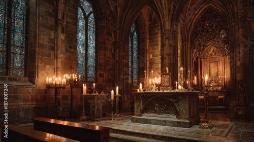 Medieval temple interior candlelit stone altar intricate stained glass gothic arches serene atmosphere mystical shadows detailed carvings sacred relics warm hues