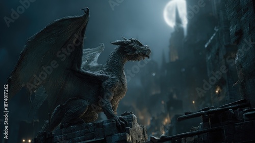 A fearsome dragon perched on the crumbling ruins of a medieval castle illuminated by moonlight